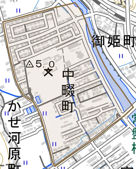 中畷町とその周辺の地図。町の範囲を重ねている