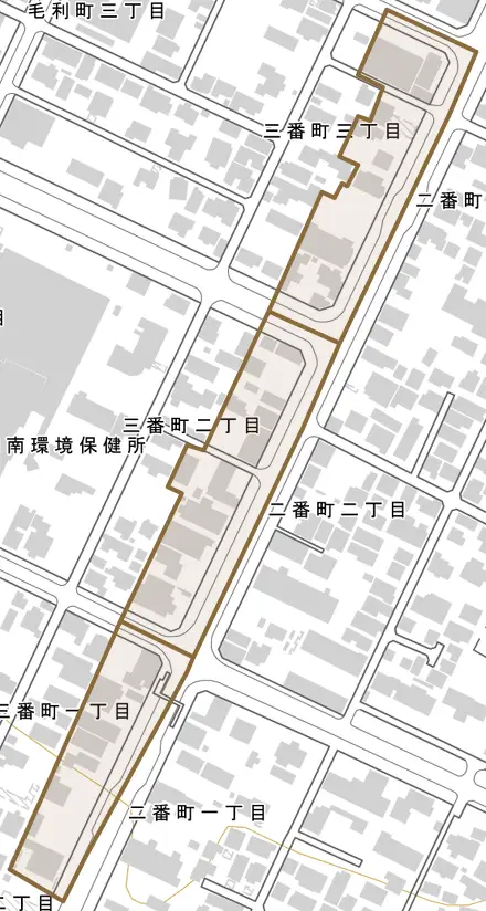 二番町とその周辺の地図。町の範囲を重ねている