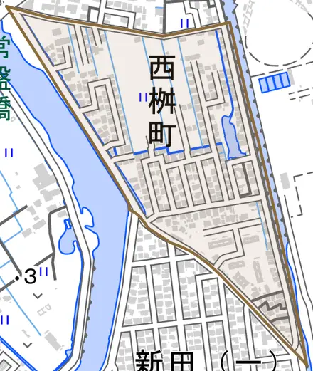 西桝町とその周辺の地図。町の範囲を重ねている