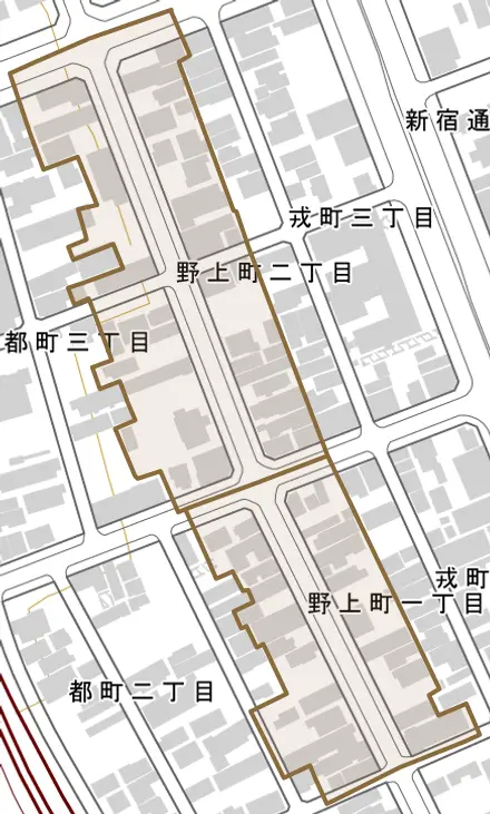 野上町とその周辺の地図。町の範囲を重ねている