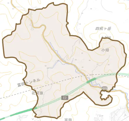 大字小畑とその周辺の地図。町の範囲を重ねている