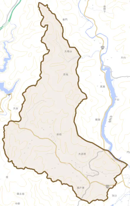 大字大道理とその周辺の地図。町の範囲を重ねている