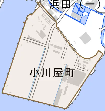 小川屋町とその周辺の地図。町の範囲を重ねている