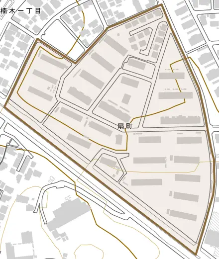 扇町とその周辺の地図。町の範囲を重ねている