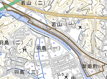 御姫町とその周辺の地図。町の範囲を重ねている