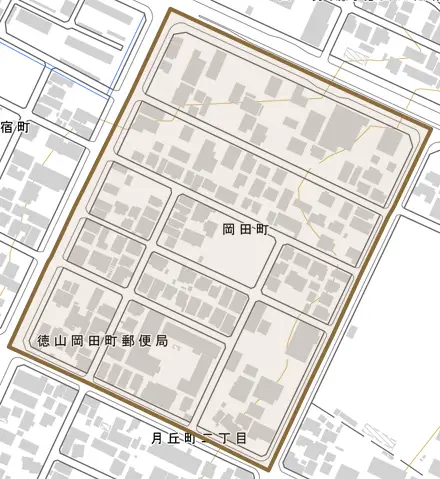 岡田町とその周辺の地図。町の範囲を重ねている