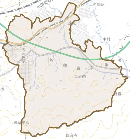 大字大河内とその周辺の地図。町の範囲を重ねている