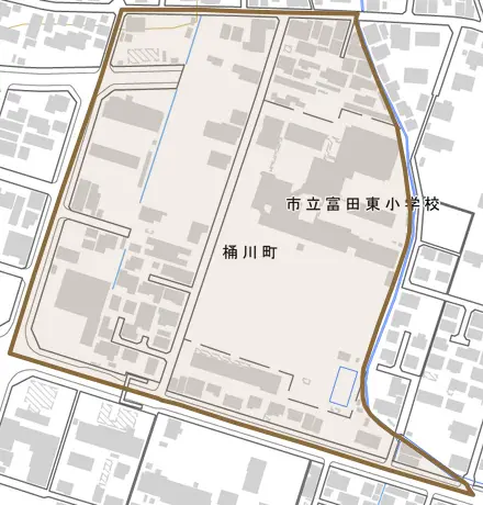 桶川町とその周辺の地図。町の範囲を重ねている