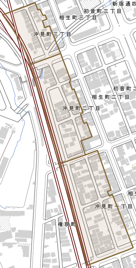 沖見町とその周辺の地図。町の範囲を重ねている