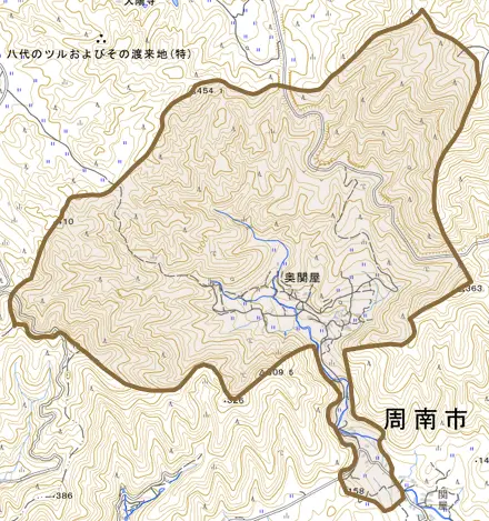 大字奥関屋とその周辺の地図。町の範囲を重ねている