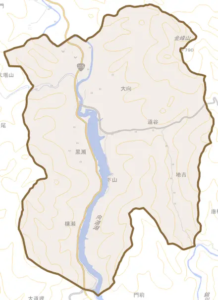 大字大向とその周辺の地図。町の範囲を重ねている