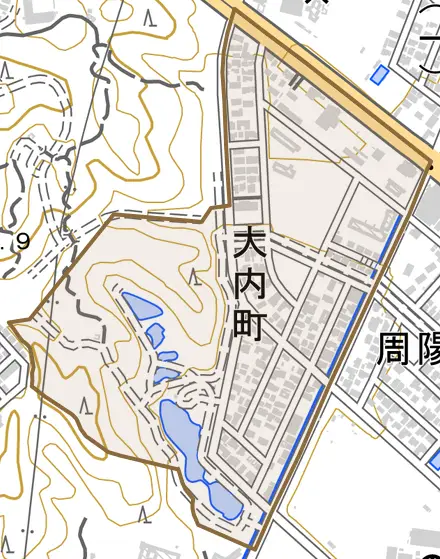 大内町とその周辺の地図。町の範囲を重ねている