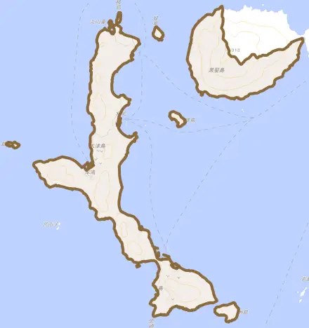 大字大津島とその周辺の地図。町の範囲を重ねている