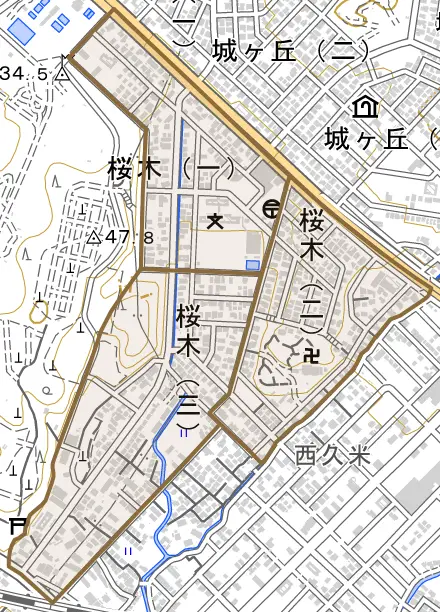 桜木とその周辺の地図。町の範囲を重ねている