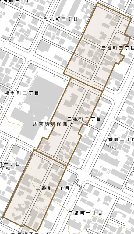 三番町とその周辺の地図。町の範囲を重ねている