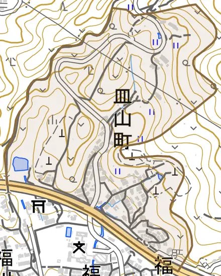 皿山町とその周辺の地図。町の範囲を重ねている