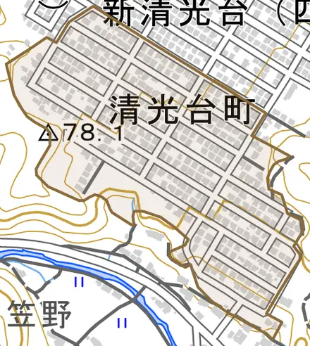 清光台町とその周辺の地図。町の範囲を重ねている