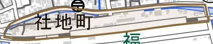 社地町とその周辺の地図。町の範囲を重ねている