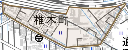 椎木町とその周辺の地図。町の範囲を重ねている