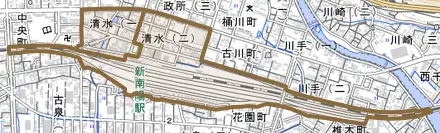 清水とその周辺の地図。町の範囲を重ねている