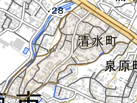 清水町とその周辺の地図。町の範囲を重ねている