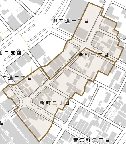 新町とその周辺の地図。町の範囲を重ねている