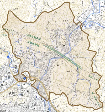 大字下上とその周辺の地図。町の範囲を重ねている