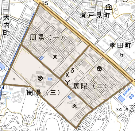 周陽とその周辺の地図。町の範囲を重ねている