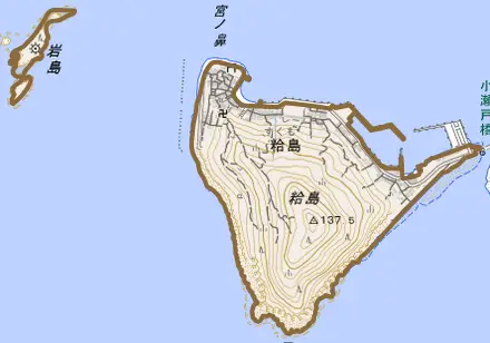 大字粭島とその周辺の地図。町の範囲を重ねている