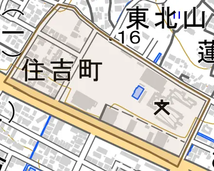 住吉町とその周辺の地図。町の範囲を重ねている