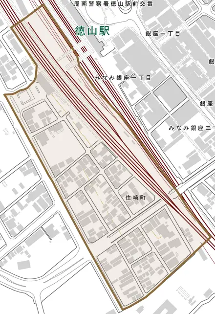 住崎町とその周辺の地図。町の範囲を重ねている