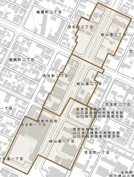 岐山通とその周辺の地図。町の範囲を重ねている
