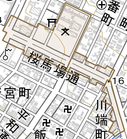 桜馬場通とその周辺の地図。町の範囲を重ねている