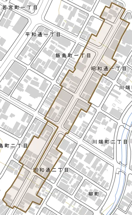 昭和通とその周辺の地図。町の範囲を重ねている