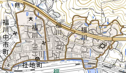 福川とその周辺の地図。町の範囲を重ねている