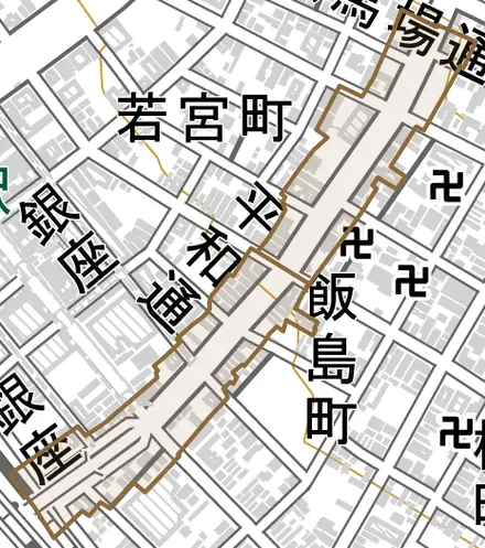平和通とその周辺の地図。町の範囲を重ねている