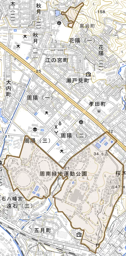大字徳山とその周辺の地図。町の範囲を重ねている