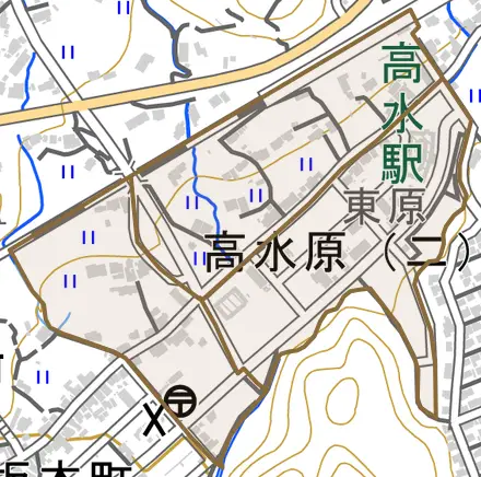 高水原とその周辺の地図。町の範囲を重ねている