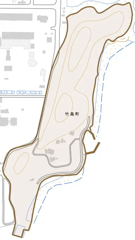 竹島町とその周辺の地図。町の範囲を重ねている