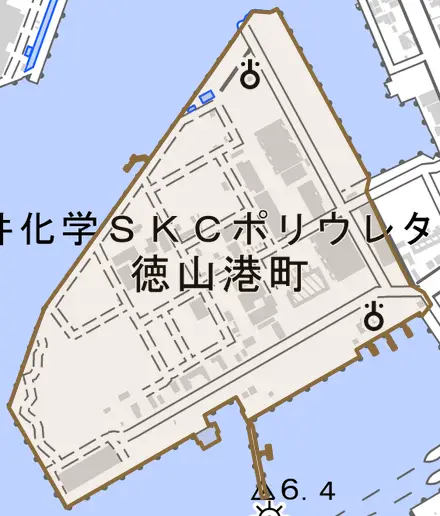 徳山港町とその周辺の地図。町の範囲を重ねている