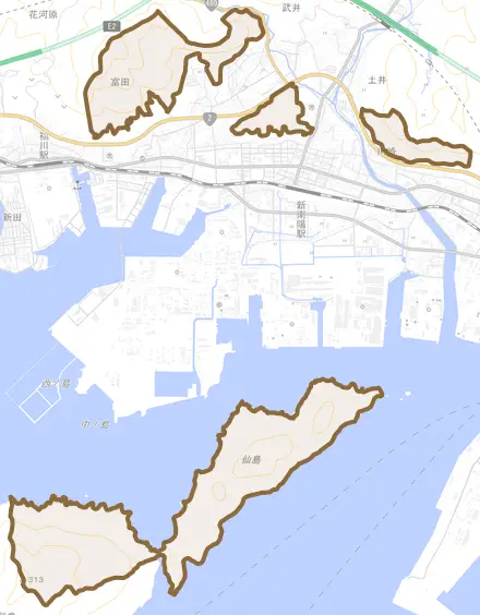 大字富田とその周辺の地図。町の範囲を重ねている