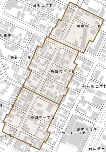 梅園町とその周辺の地図。町の範囲を重ねている