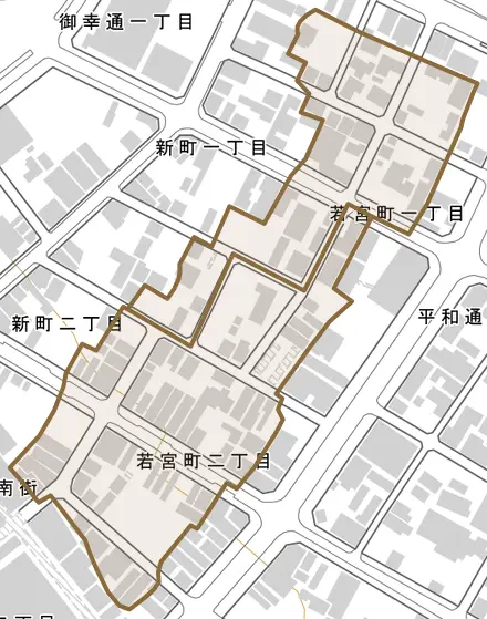 若宮町とその周辺の地図。町の範囲を重ねている