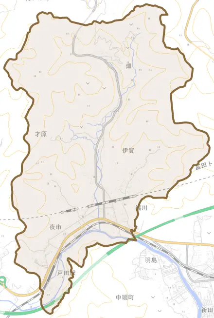 大字夜市とその周辺の地図。町の範囲を重ねている