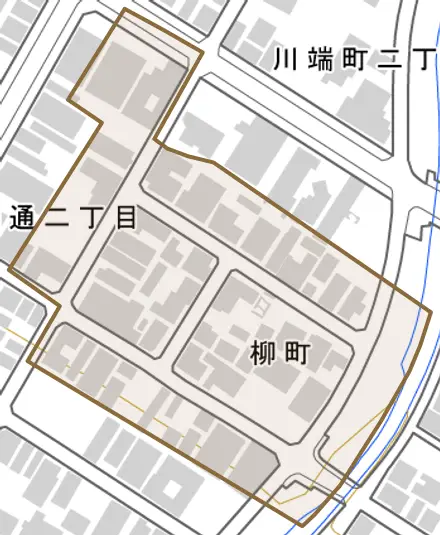 柳町とその周辺の地図。町の範囲を重ねている