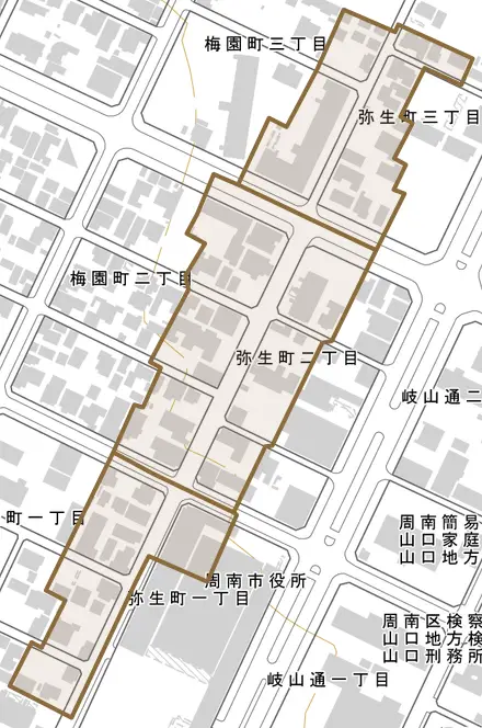 弥生町とその周辺の地図。町の範囲を重ねている