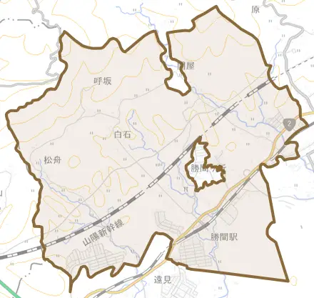 大字呼坂とその周辺の地図。町の範囲を重ねている