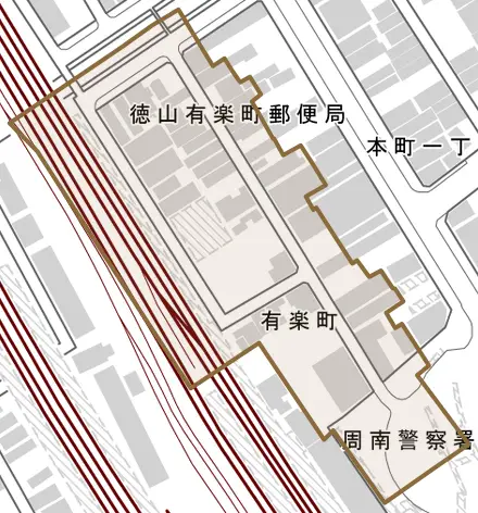 有楽町とその周辺の地図。町の範囲を重ねている