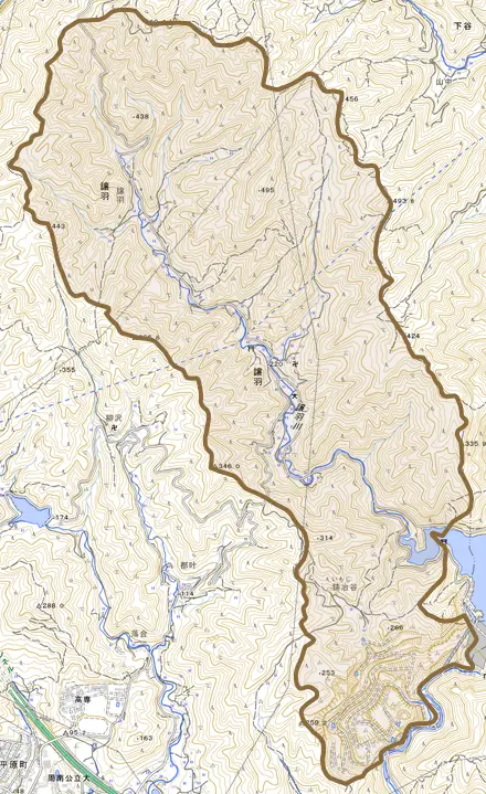 大字譲羽とその周辺の地図。町の範囲を重ねている