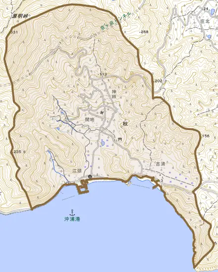 大字秋とその周辺の地図。町の範囲を重ねている